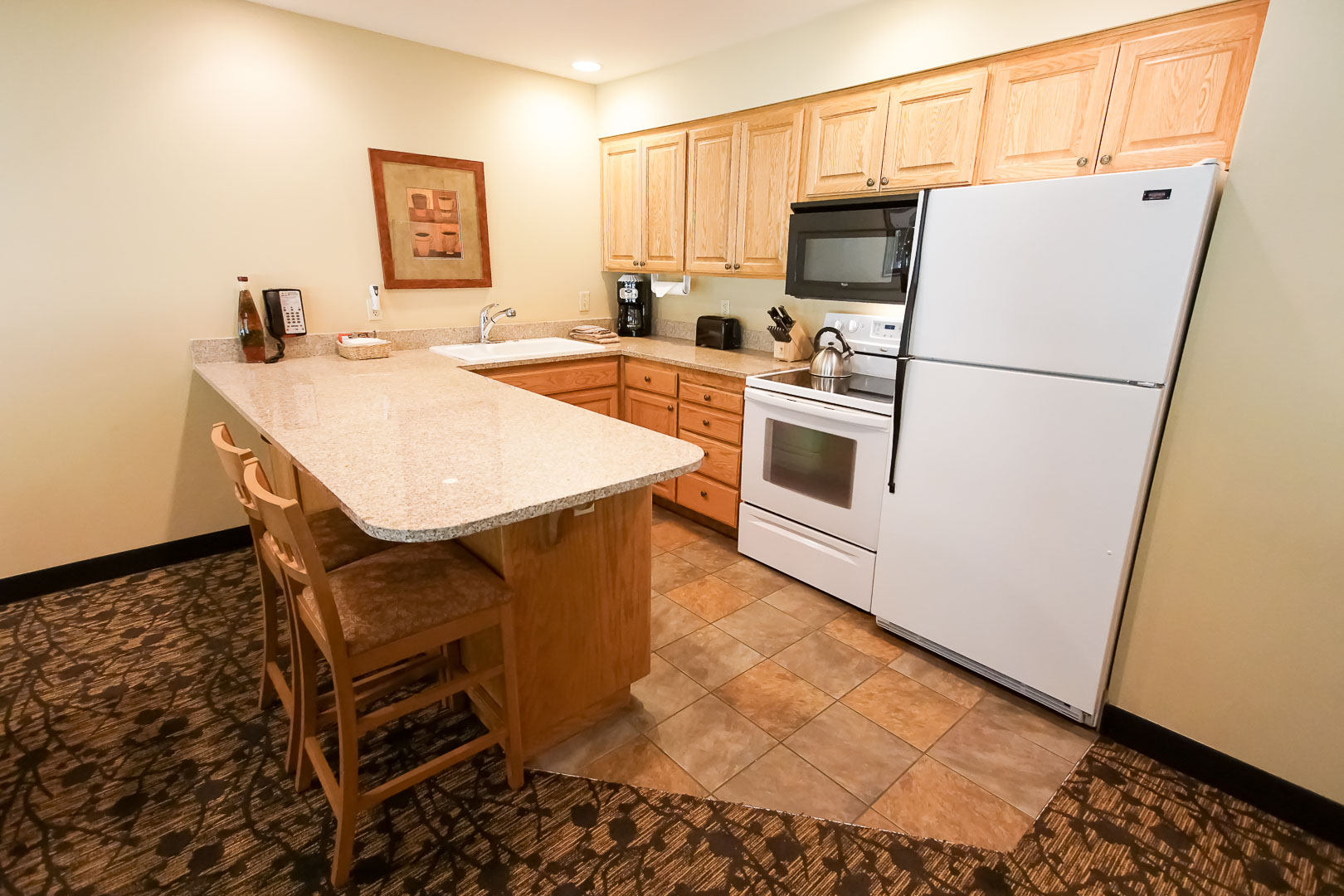 A charming kitchen at VRI's Whispering Woods Resort in Oregon.